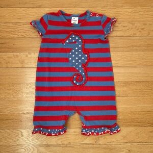 ADORABLE Embroidered Appliqué Polka Dot Striped Pom Pom Seahorse Romper
